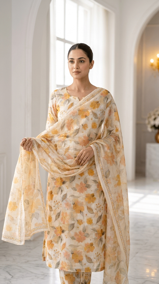 Floral Printed Designer Suit Set with Dupatta – Pastel Ethnic Wear