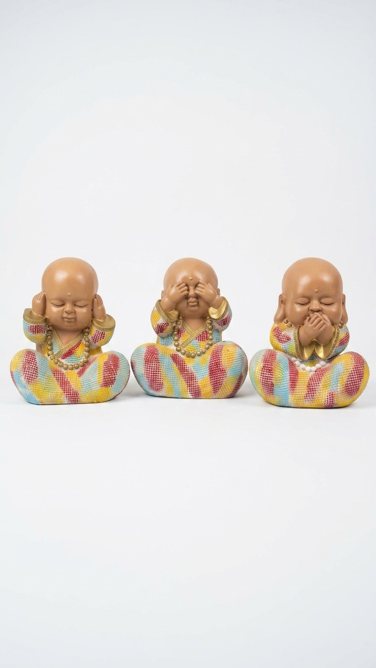 Colorful Three Wise Monk Showpiece Set – Handcrafted “See No Evil, Hear No Evil, Speak No Evil” Figurines