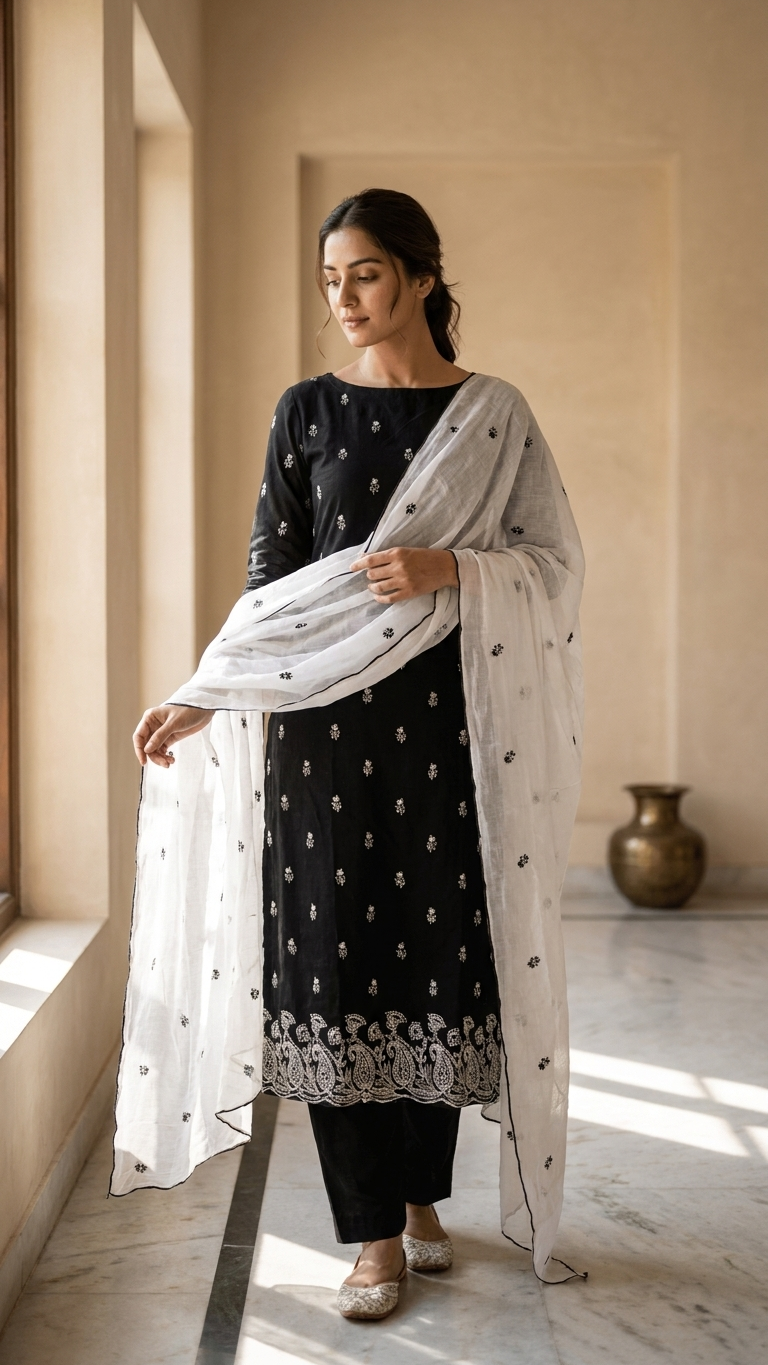 Black and White Embroidered Suit Set with Dupatta –Premium Ethnic Wear