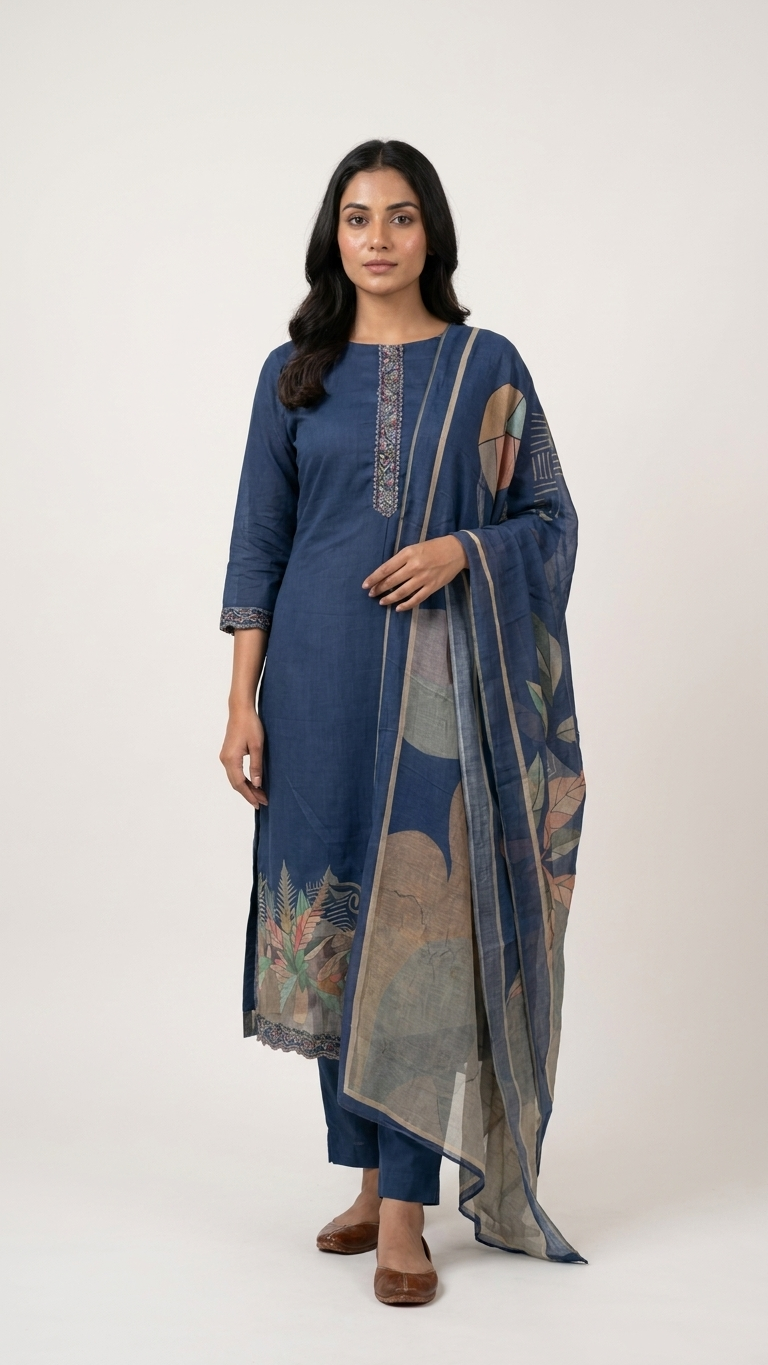 navy blue embroidered kurta set