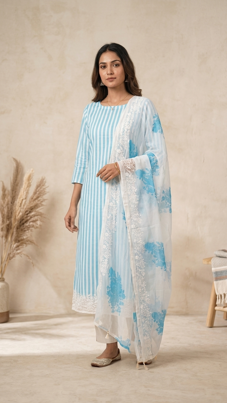 Blue striped designer suit Set with Floral Dupatta – Summer Wear
