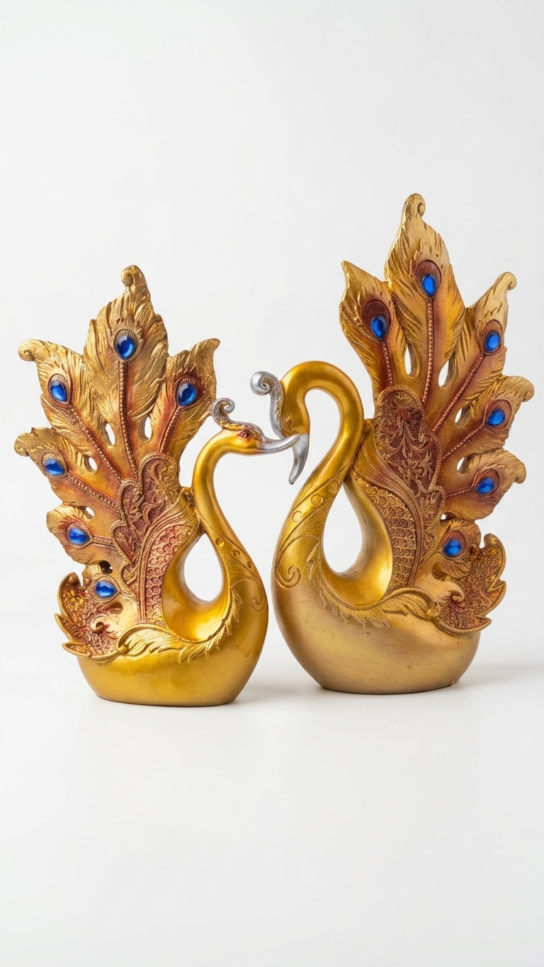 Golden Swan Pair Showpiece with Peacock Feather Design | Vastu Decorative Sculpture for Love, Harmony & Prosperity