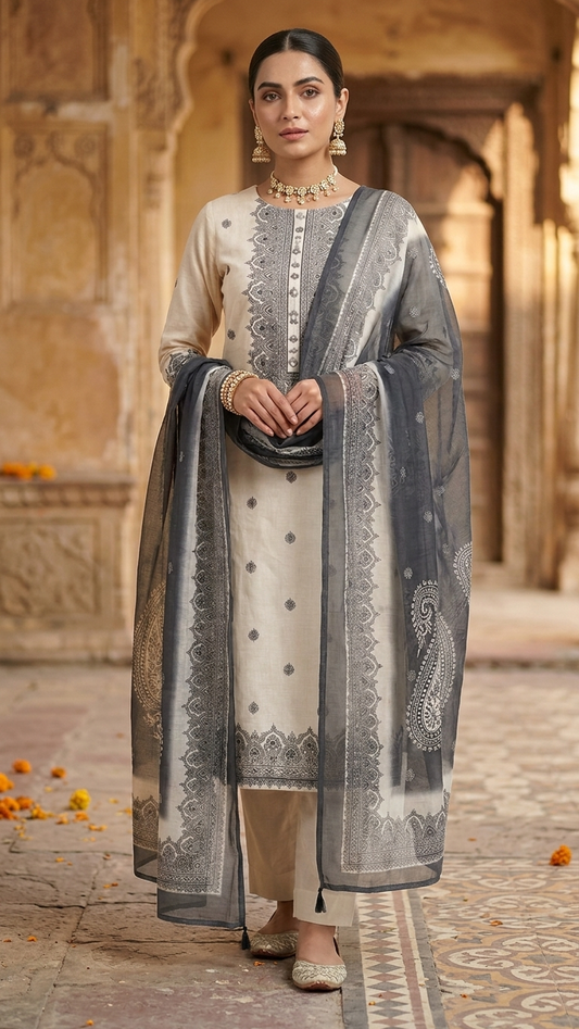 White Grey Embroidered Designer Suit Set with Dupatta – Ethnic Wear