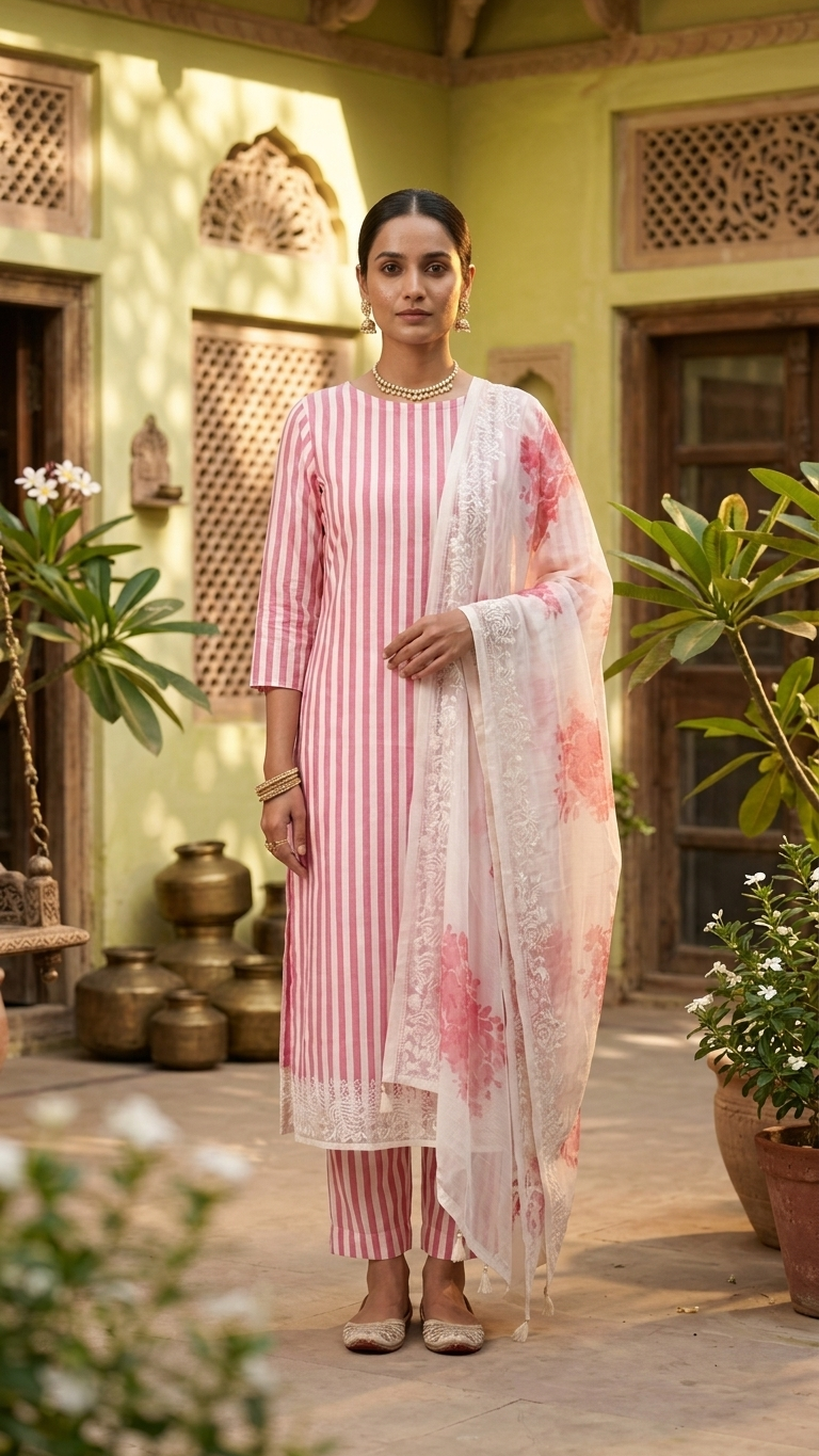 Pink and White Striped Suit Set with Floral Dupatta – Ethnic Wear