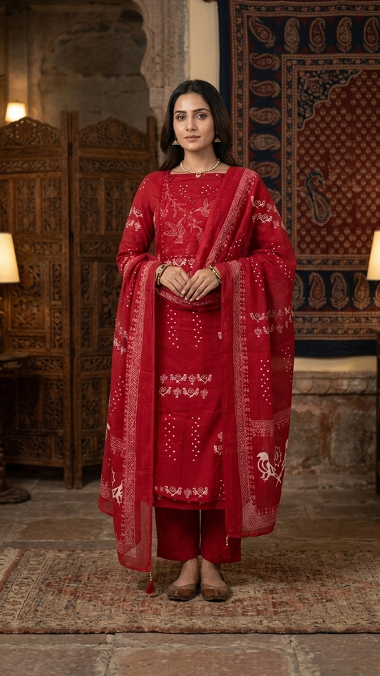 Red Embroidered Designer Suit Set with Dupatta – Festive & Wedding