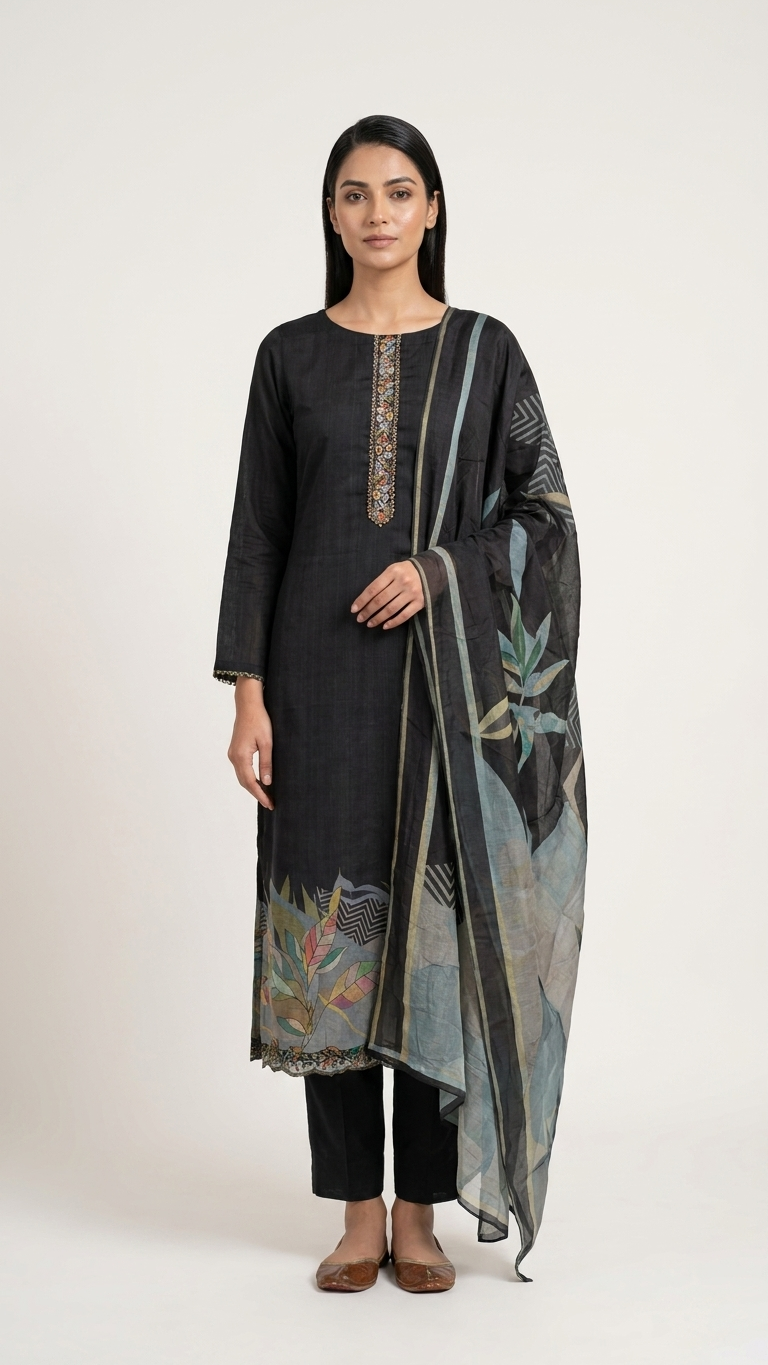 handcrafted black embroidered kurta set