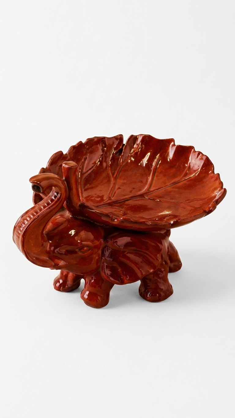 Handcrafted Elephant Leaf Bowl Showpiece – Red Glossy Ceramic Elephant