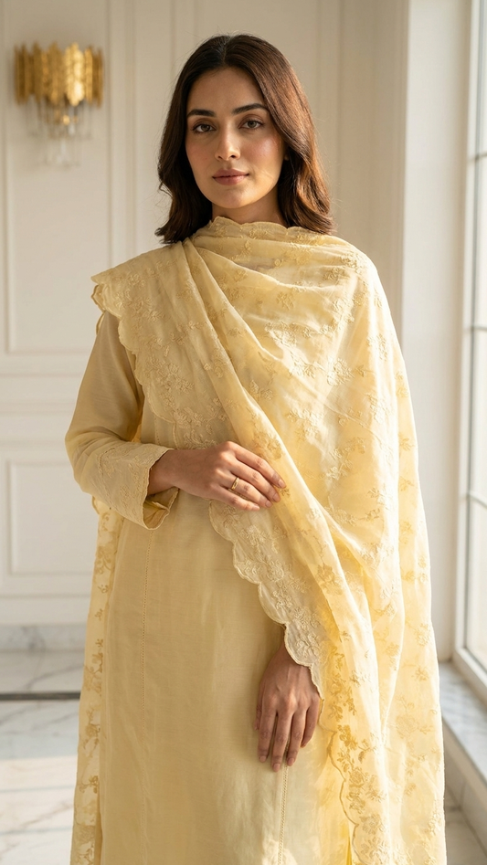 Yellow embroidered suit set with Dupatta – Summer Wear India