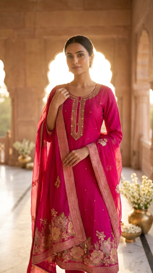 Hot Pink Embroidered Suit Set with Dupatta – Festive & Wedding Wear