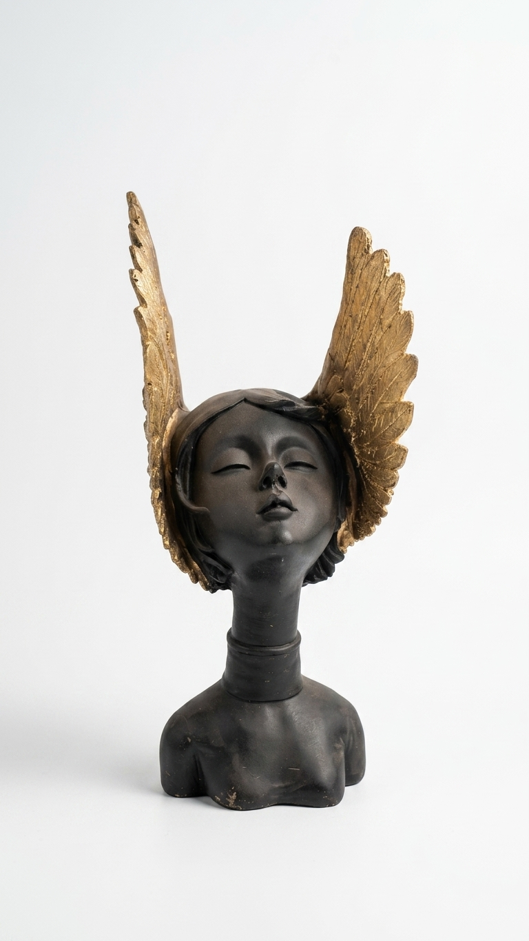 Handcrafted Black Angel Wings Lady Face Showpiece – Premium Resin Decorative Sculpture