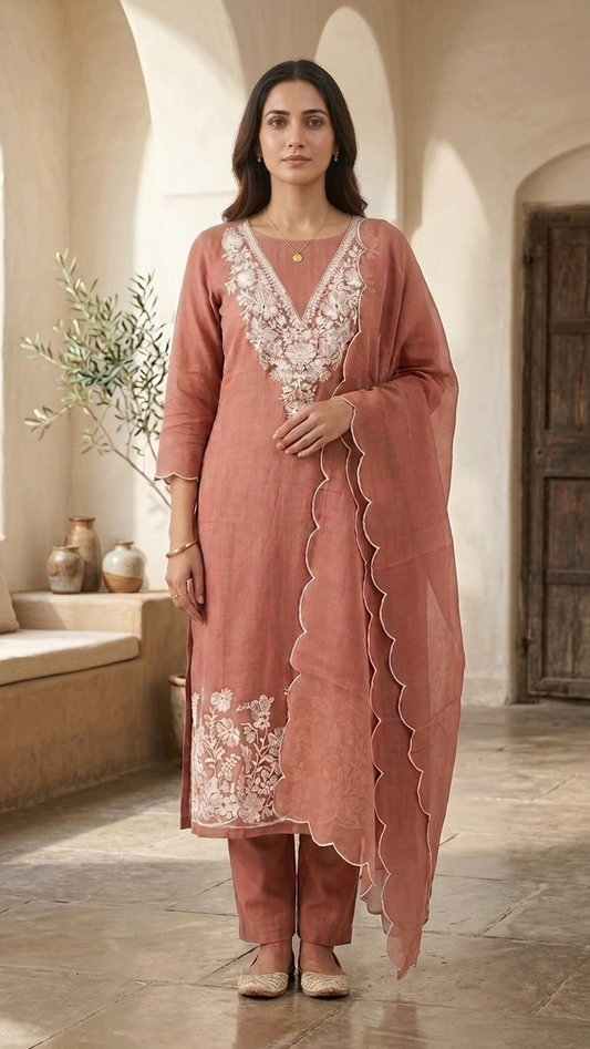 Rust Embroidered Designer Suit Set with Dupatta – Elegant Ethnic Wear