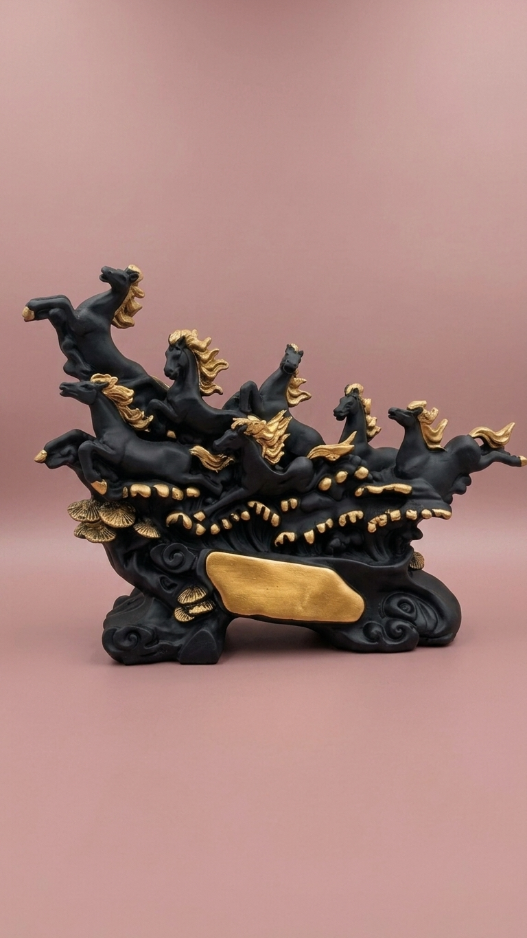 Handcrafted Seven Running Horses Showpiece – Premium Black & Gold Vastu Home Decor Sculpture