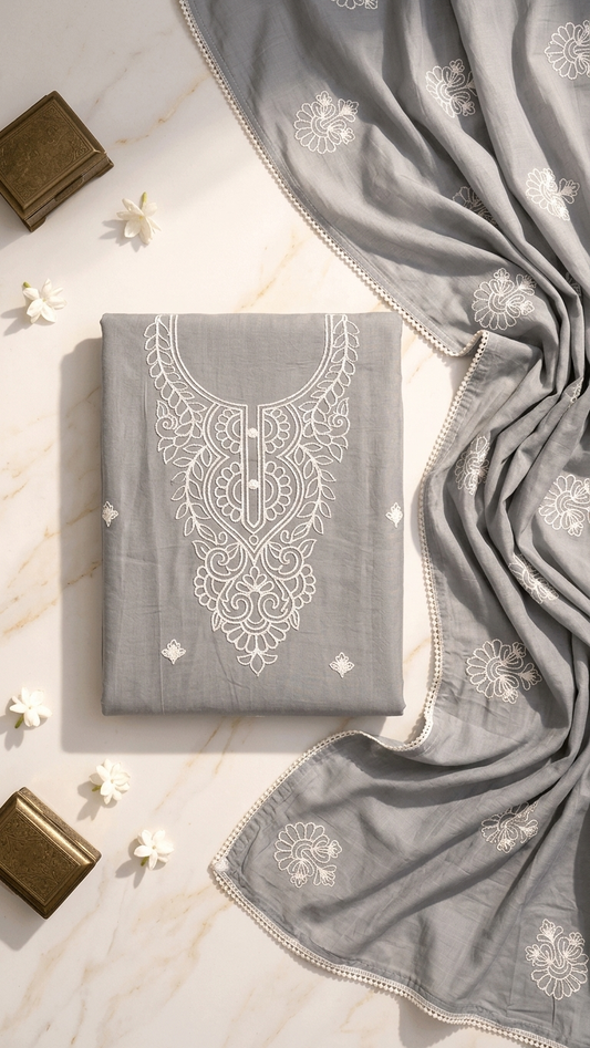 Grey Embroidered Designer Suit Set with Dupatta – Elegant Ethnic Wear