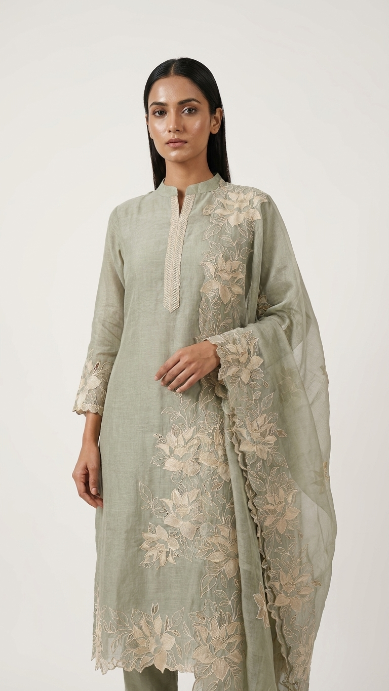 sage green embroidered kurta set