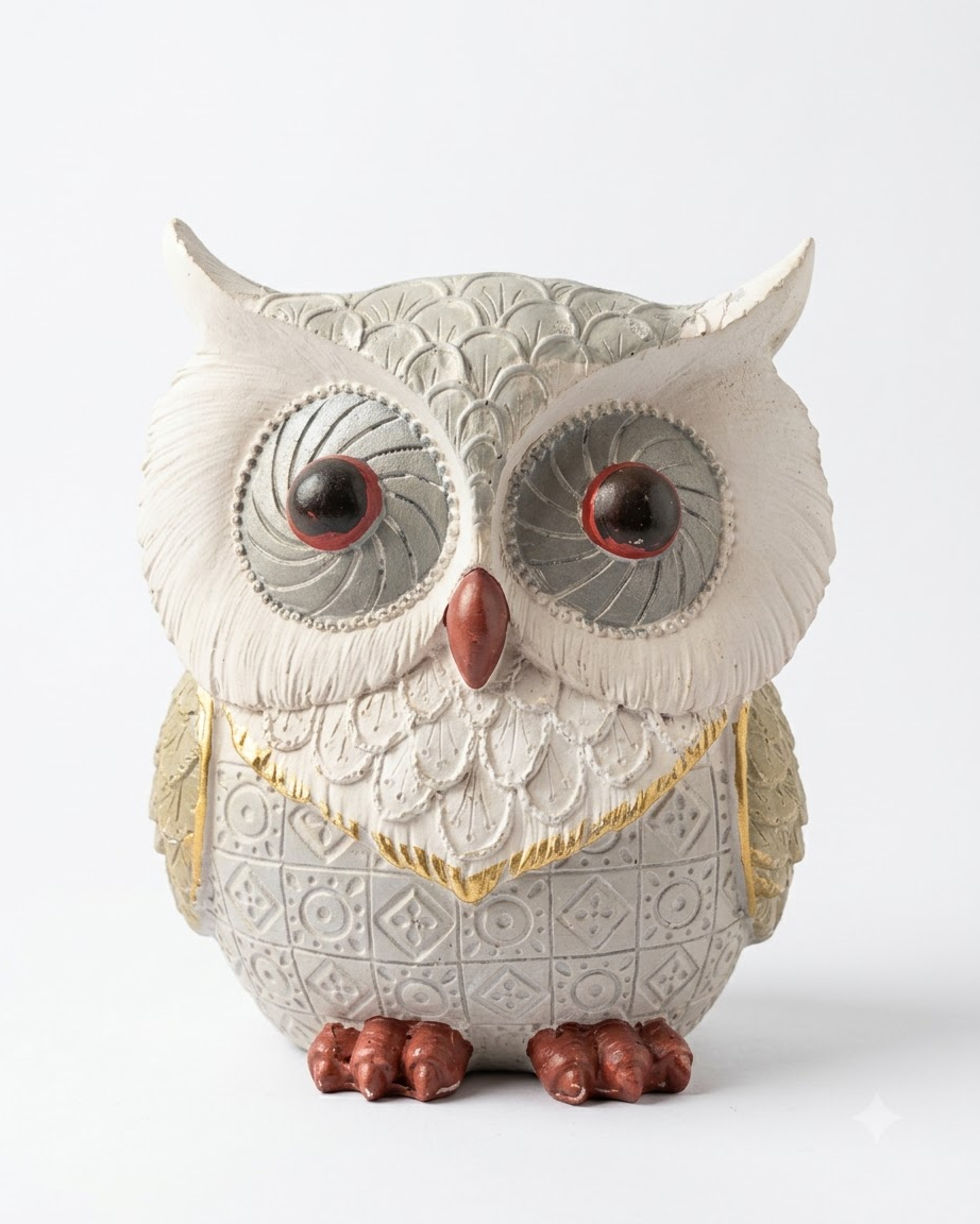 White Gold Owl Showpiece for Home Decor