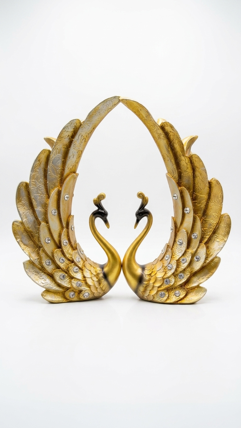 Handcrafted Crystal Wing Swan Couple Showpiece with Royal Feather Arch | Premium Resin Decor