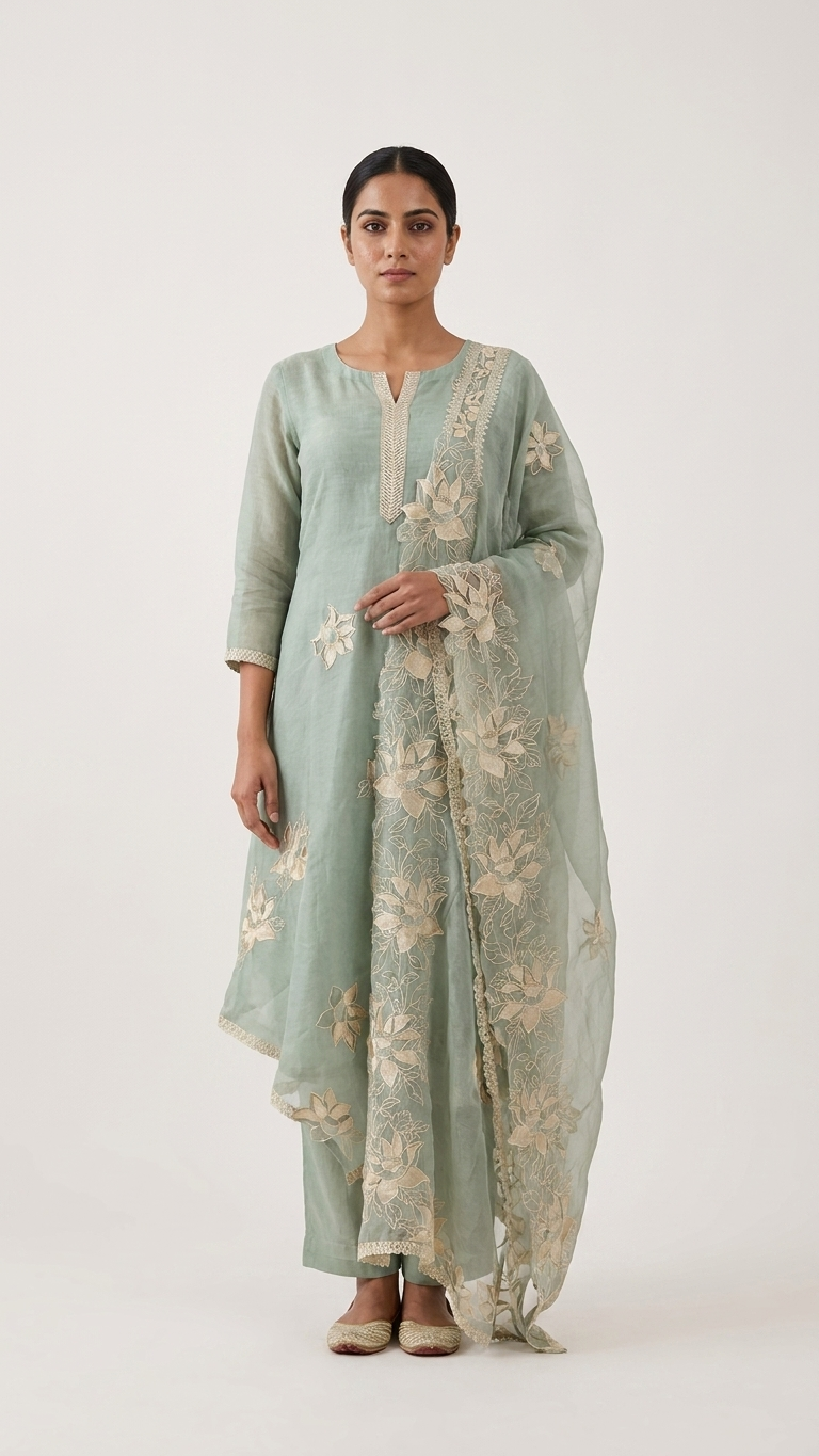 sage green embroidered kurta set