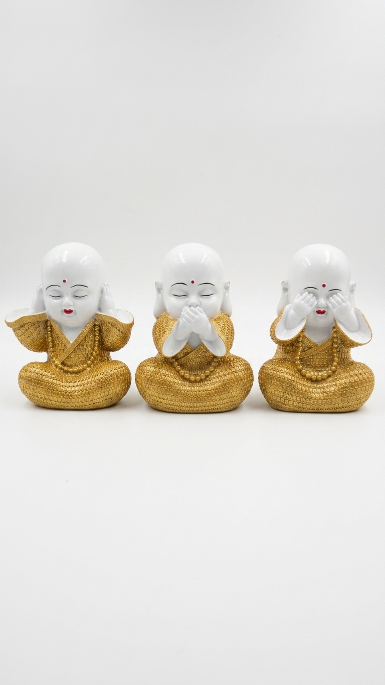 Handcrafted Royal White & Gold Three Wise Monk Showpiece Set – Premium Resin Home Decor