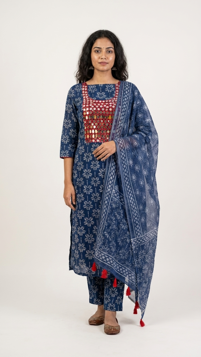 indigo printed unstitched suit set