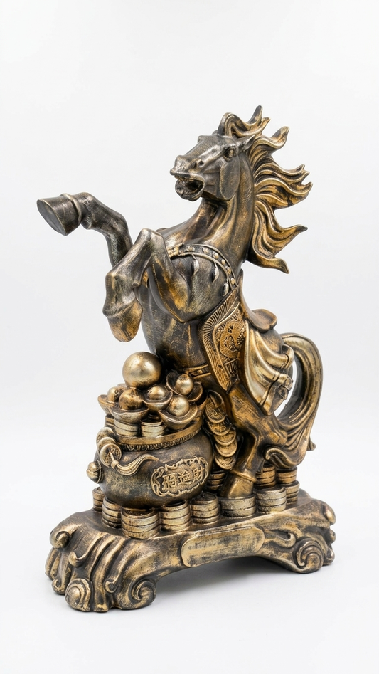 Handcrafted Feng Shui Wealth Horse Showpiece with Gold Coins & Treasure Pot – Premium Lucky Horse Statue for Home & Office Decor
