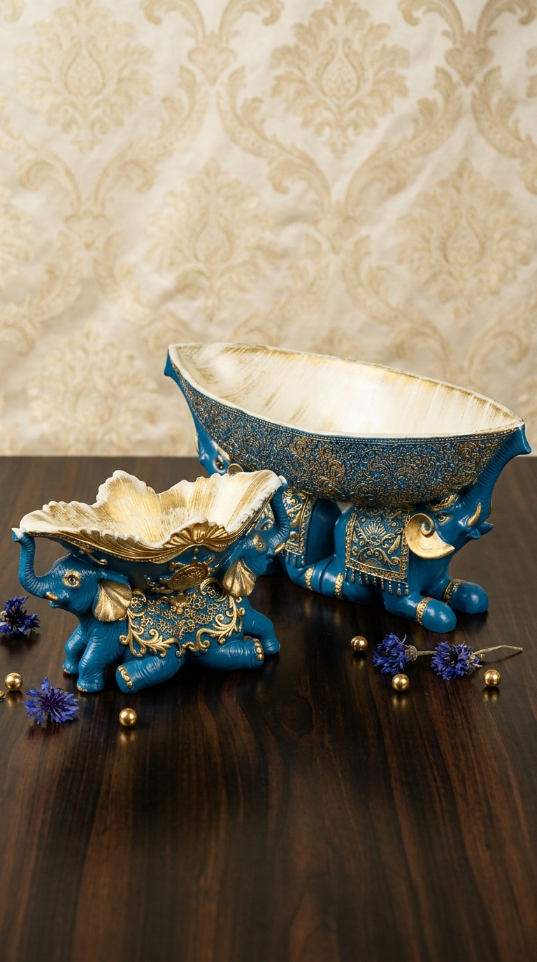 Handcrafted Blue Elephant Decorative Bowl Set – Premium Resin Showpiece for Home Décor & Gifting