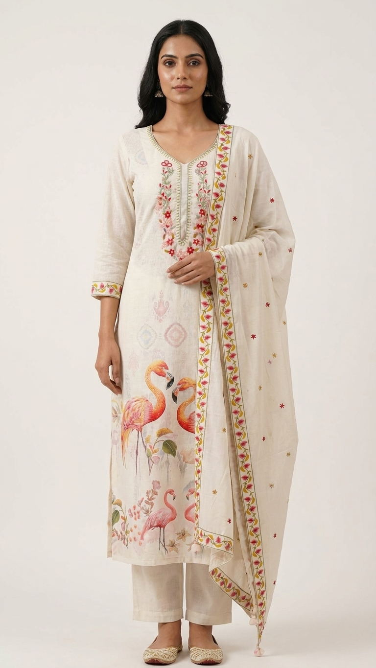 flamingo printed cotton suit set