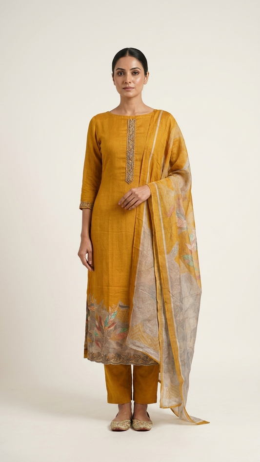mustard yellow embroidered kurta set