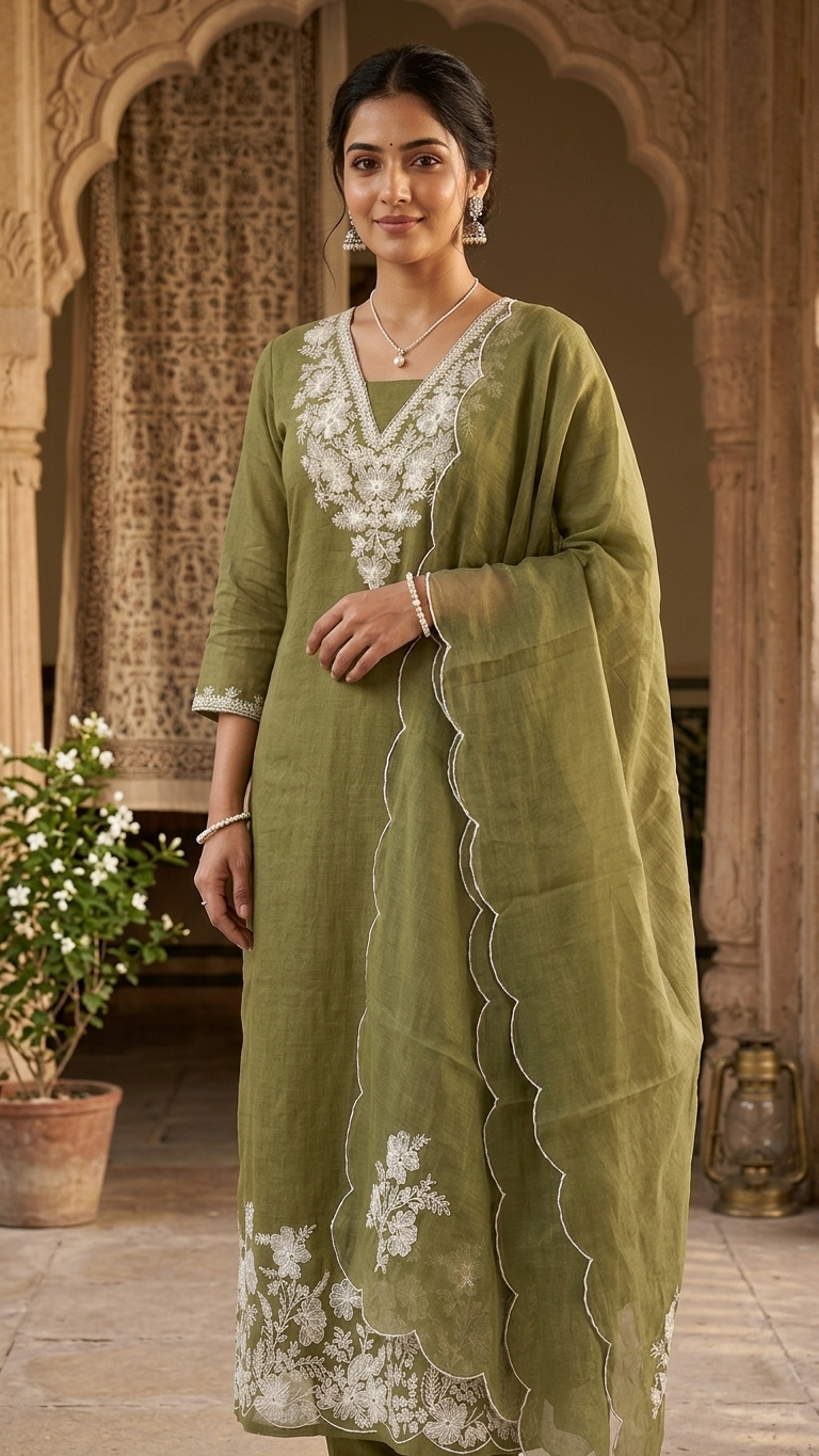 Olive Green Embroidered Suit Set with Dupatta – Elegant Ethnic Wear