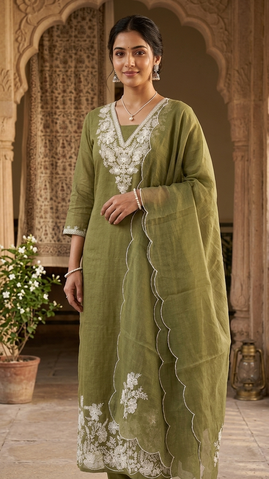Olive Green Embroidered Suit Set with Dupatta – Elegant Ethnic Wear