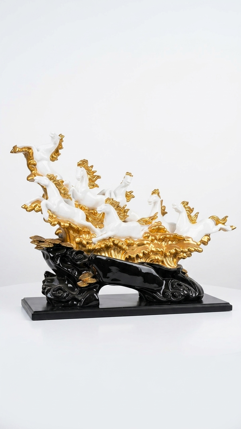 Handcrafted Running Horse Sculpture Showpiece in White & Gold with Decorative Base