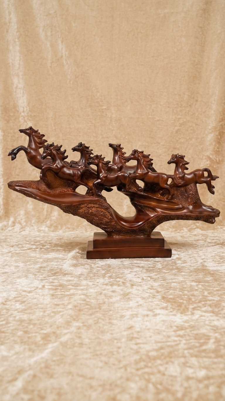 Handcrafted Galloping Seven Horses Showpiece on Rustic Cliff – Premium Resin Vastu Decor