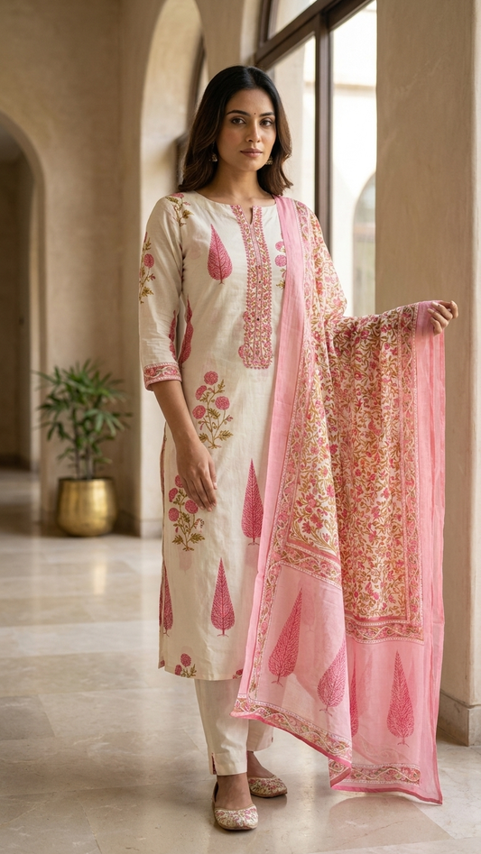 Cream and Pink Designer Suit Set with Dupatta – Elegant Ethnic Wear
