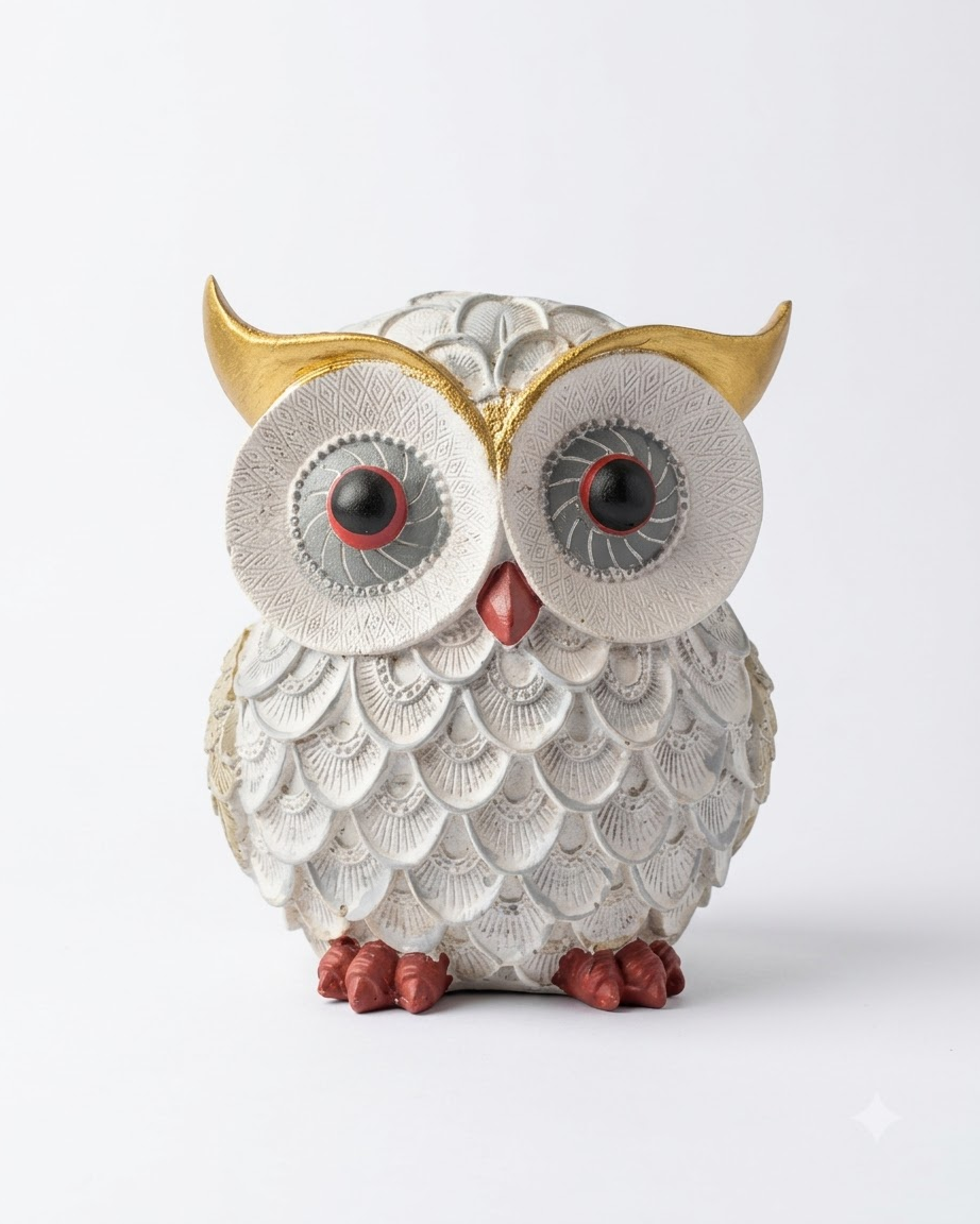 White Gold Owl Showpiece for Home Decor