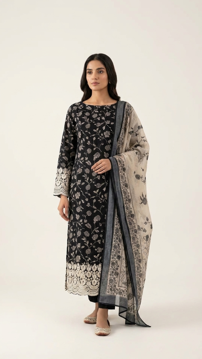 Black Ivory Floral Designer Suit Set with Dupatta – Ethnic Wear India