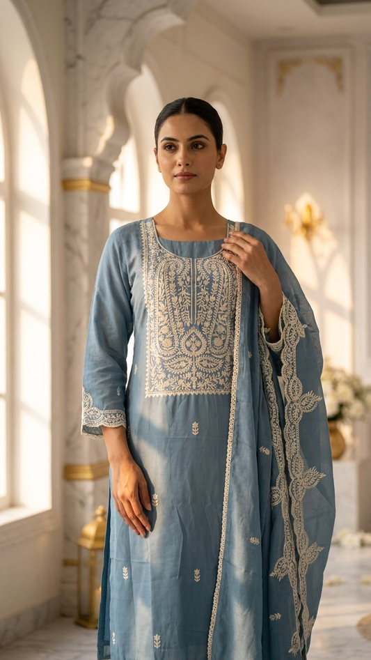 Powder Blue Embroidered Suit Set with Dupatta – Elegant Ethnic Wear