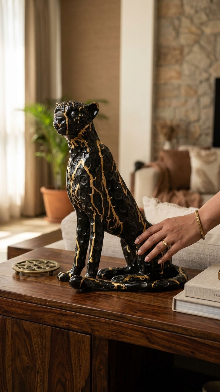 Royal Black Panther Showpiece – Luxury Animal Figurine for Living Room & Modern Home Decor