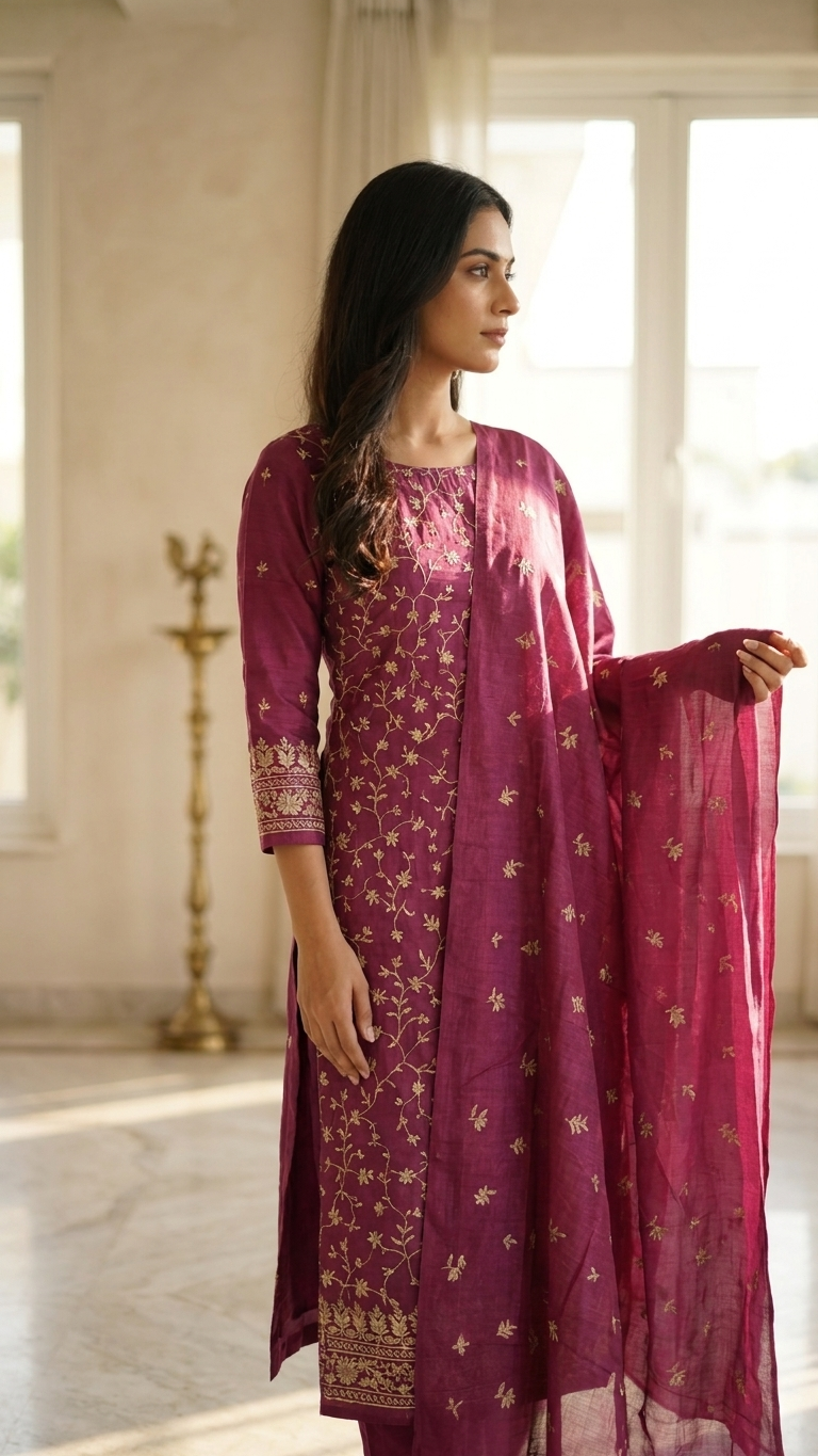 elegant magenta embroidered suit set