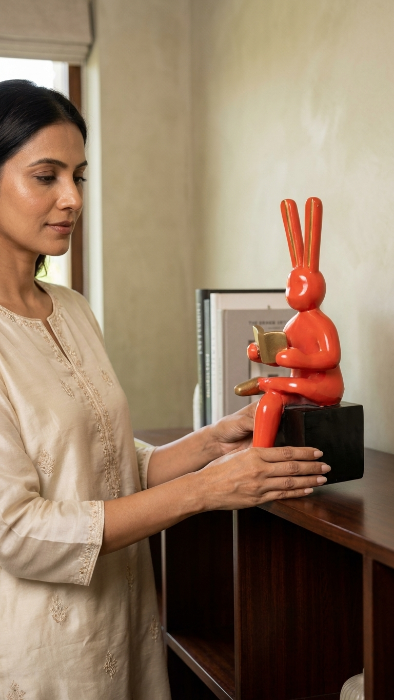 Luxury Reading Bunny Showpiece in White & Gold | Premium Bookshelf & Living Room Decor