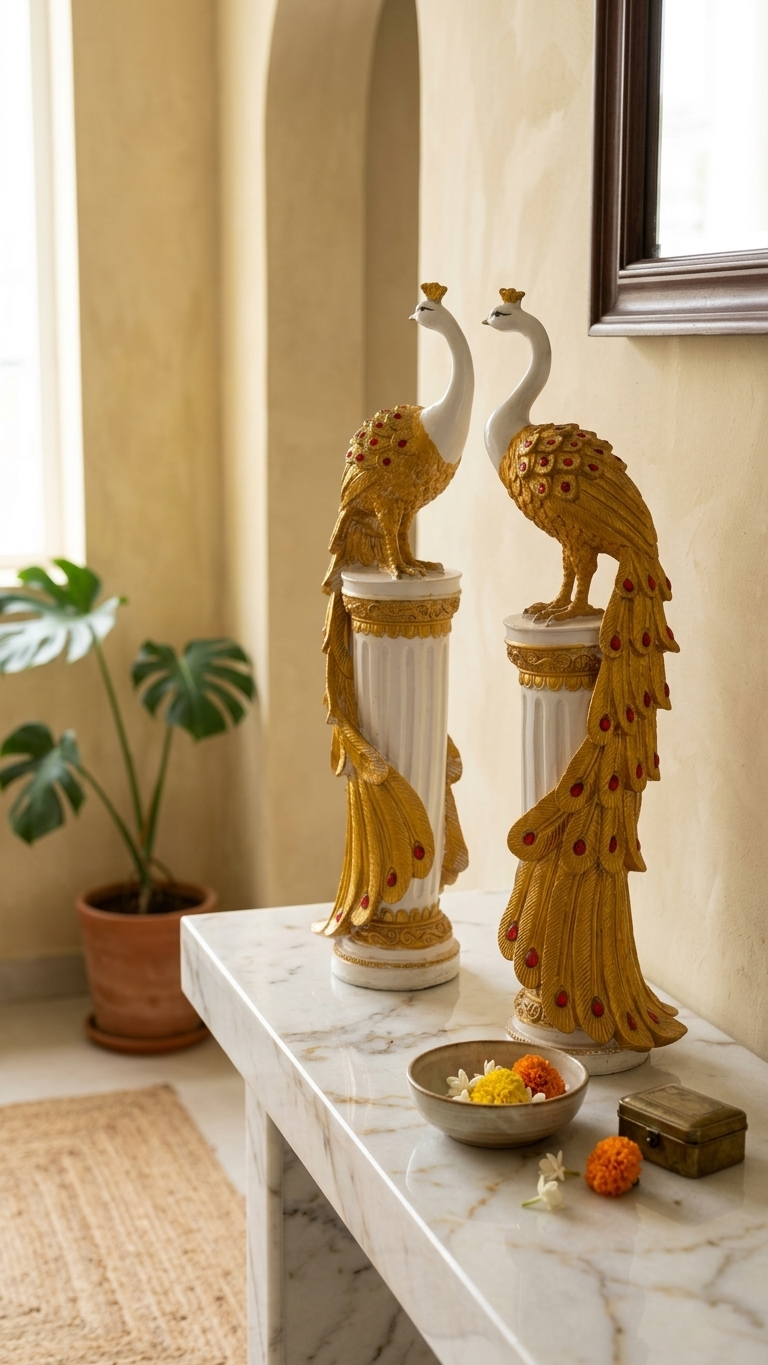 Handcrafted Golden Peacock Showpiece Set on Marble-Style Pillars – Luxury Home Decor Pair