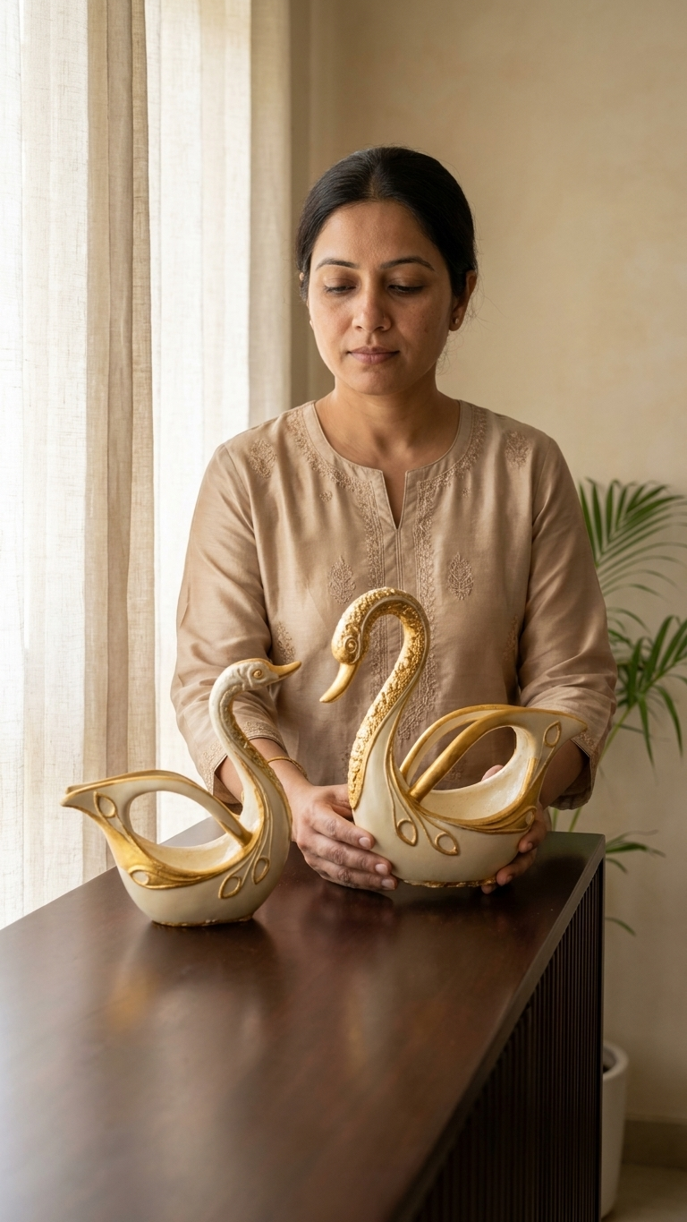 Handcrafted Ivory Gold Imperial Swan Showpiece Pair | Premium Resin Home Decor