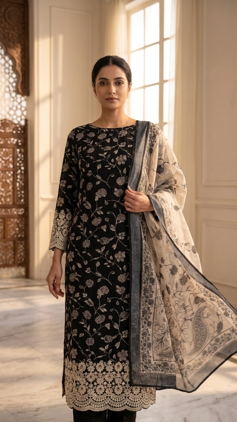 Black Ivory Floral Designer Suit Set with Dupatta – Ethnic Wear India
