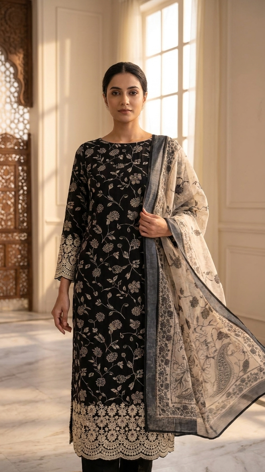 Black Ivory Floral Designer Suit Set with Dupatta – Ethnic Wear India