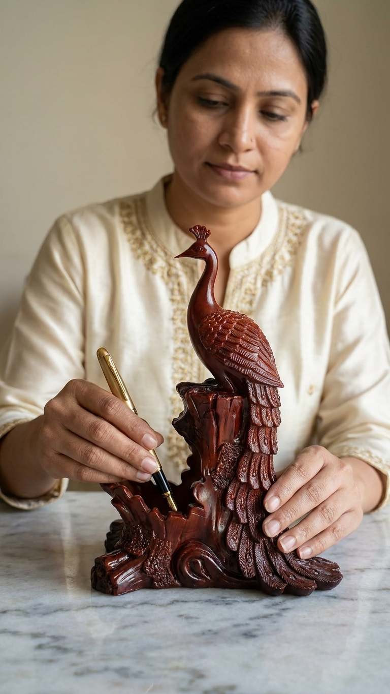 Handcrafted Resin Peacock Holder with Wood Finish – Elegant Decorative Organizer