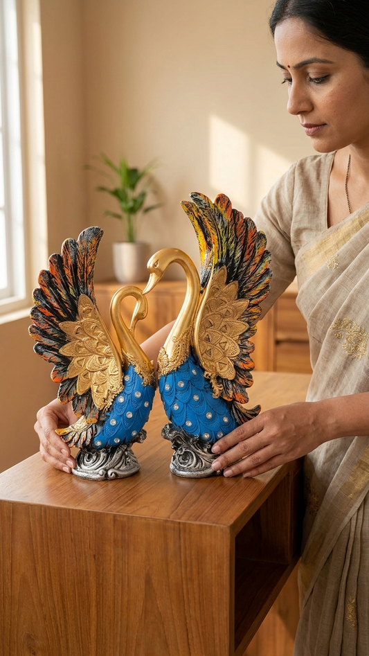 Handcrafted Royal Swan Couple Showpiece with Decorative Wings – Premium Home Decor Sculpture
