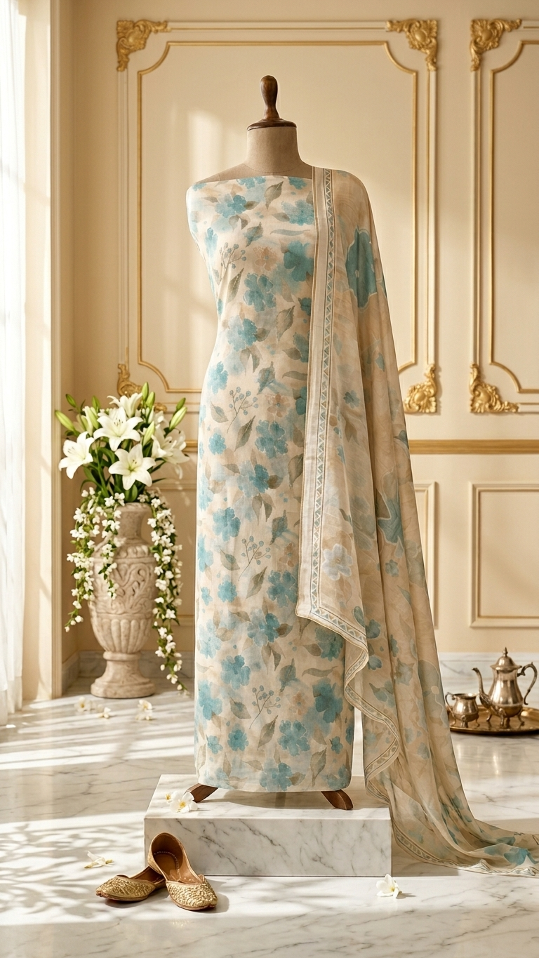 Blue Floral Designer Suit Set with Dupatta – Pastel Ethnic Wear India