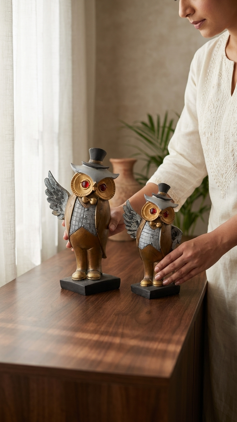 Owl couple showpiece for home decor India – Black & Gold Decorative Owl Figurines for Home & Office Decor India