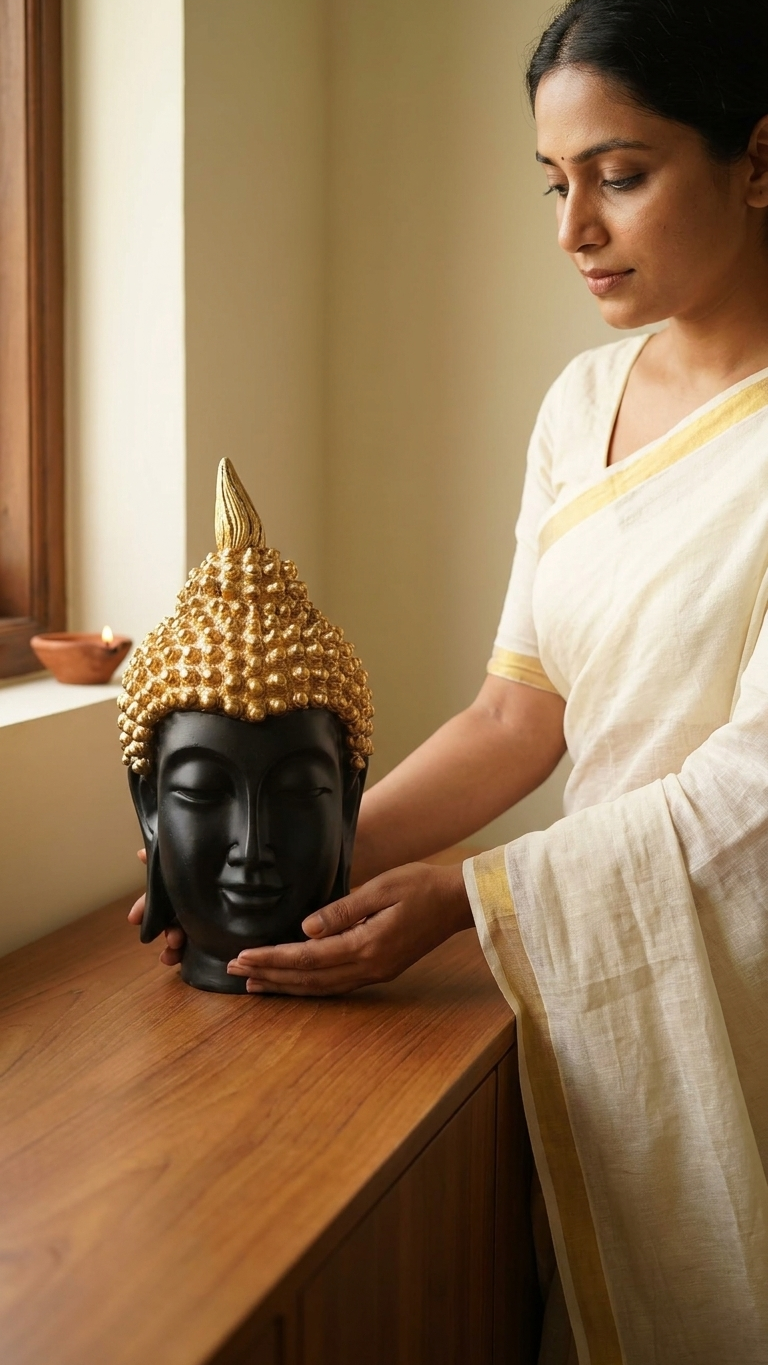 Handcrafted Black & Gold Buddha Head Showpiece – Premium Resin Meditation Sculpture for Home Decor