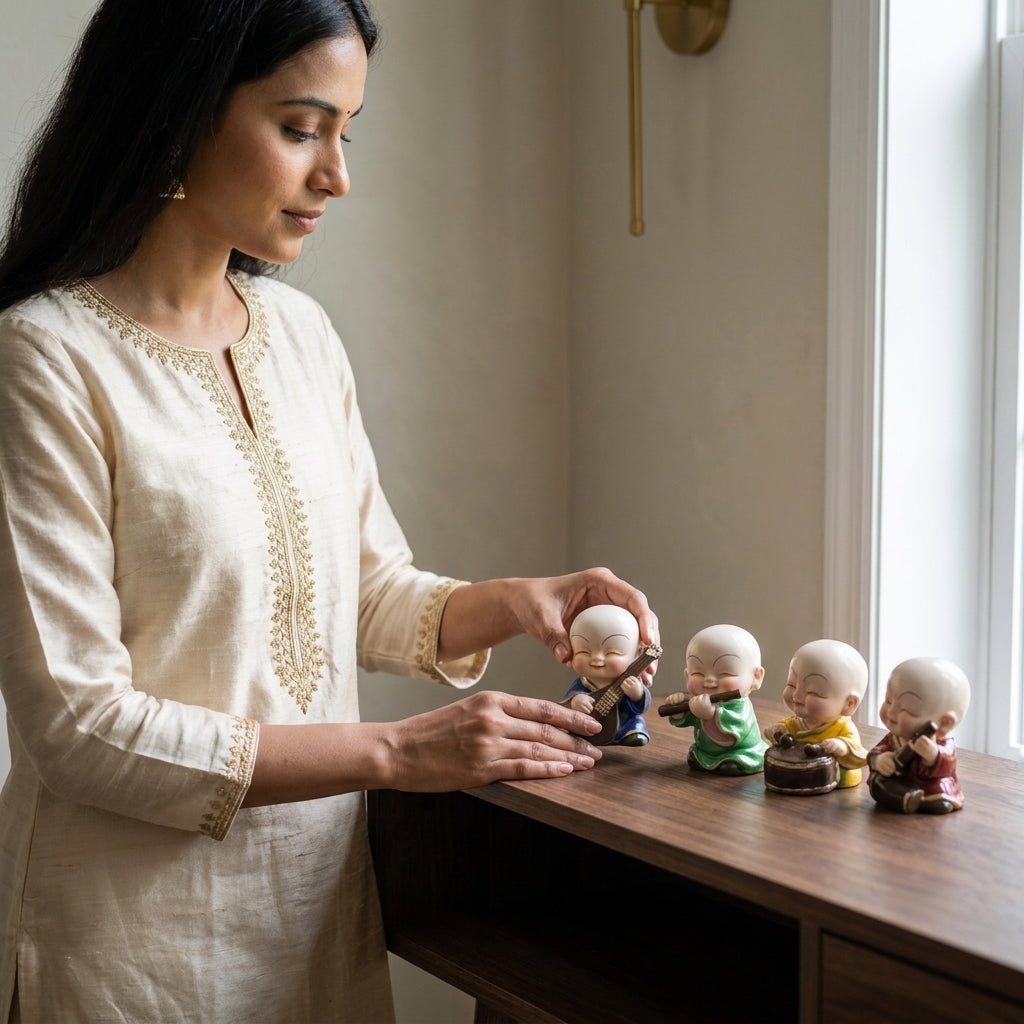 Smiling monk figurines set for home  & Office Decor – Buddhist Decorative Showpieces