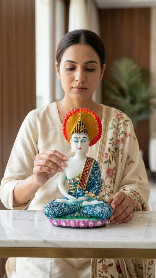Handcrafted Colorful Buddha Idol with Halo – Blue Meditation Statue