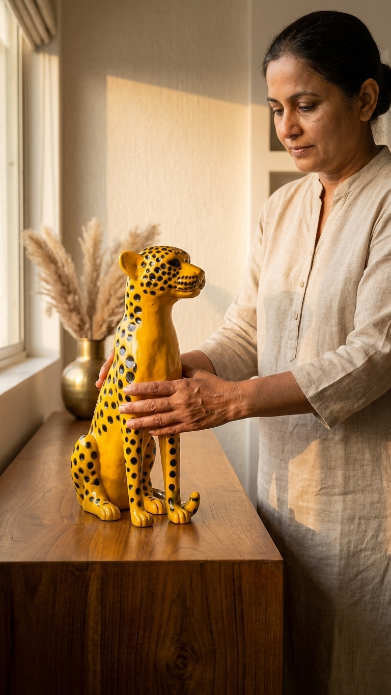 Handcrafted Yellow Leopard Showpiece with Black Spots